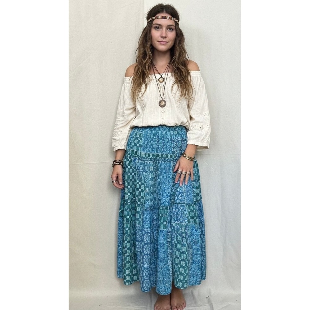 Boho Tiered Maxi Skirt L Blue Grn Paisley‎ Patchwork Print Elastic Waist Gipsy